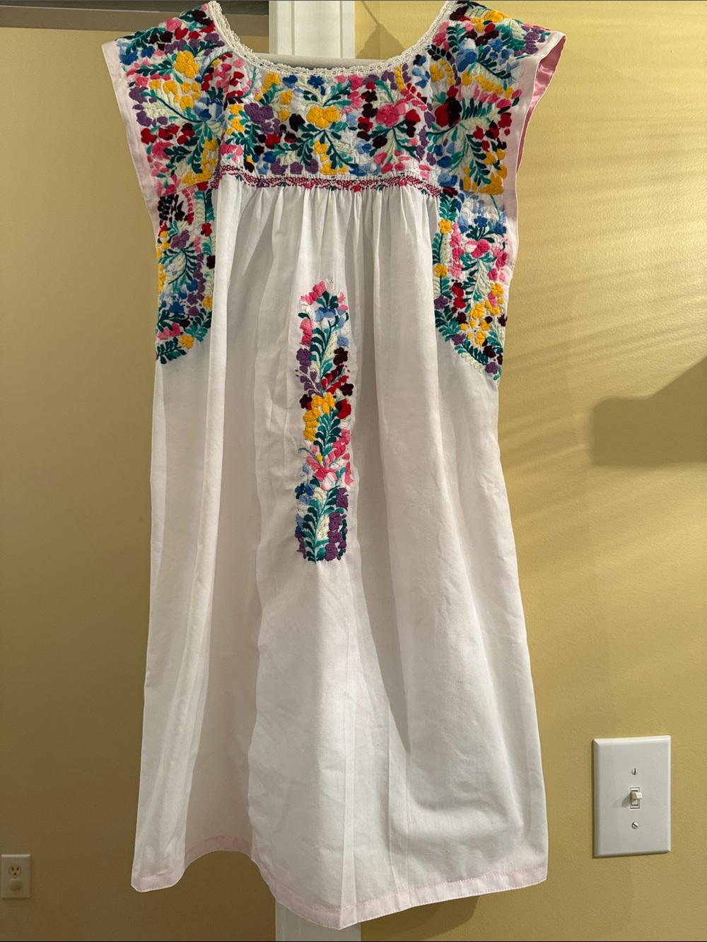 MI Golondrina White Cotton Dress with Colorful Floral Embroidery